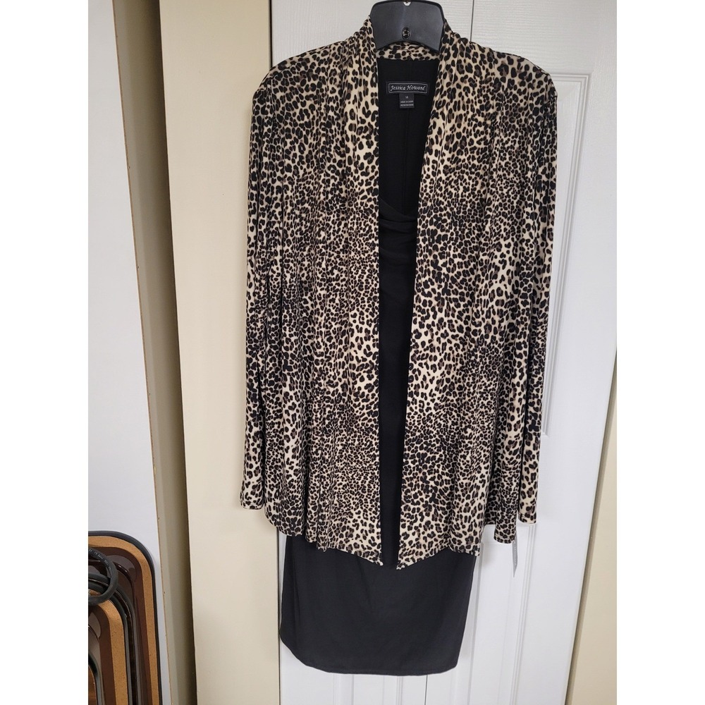 Jessica Howard Animal Print Dress Attached Jacket Set NWT Black Tan Sz 14 Missy